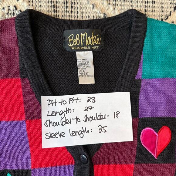 Womens Cardigan Sweater Size Large Bob Mackie Cat Heart Checkered Embroidered - Picture 3 of 6